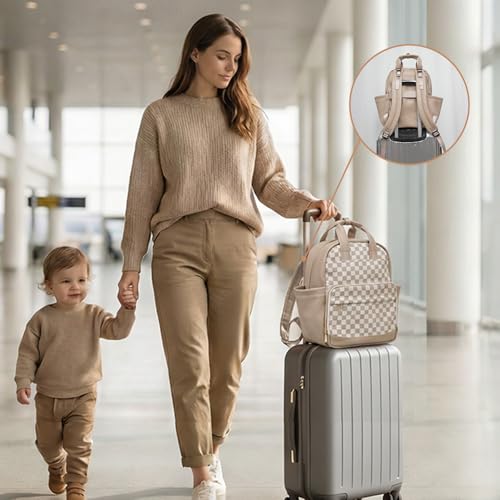 miss fong Small Diaper Bag - Baby Diaper Bag Backpack Checkered Diaper Bag with Changing Pad Baby Backpack for Travel Daycare Mommy Diaper Backpack Pañaleras Para Bebe for Mom & Dad-White&Beige - color: Beige&honey