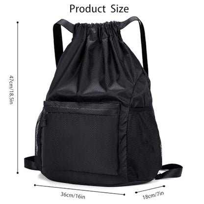 Dntorx Drawstring Backpack, Gym Bag for Women, Kids Swim Bag Black | Waterproof string backpack with water bottle pocket, lightweight washable roomy drawstring design adjustable straps - color: Black