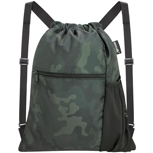 HOLYLUCK Men & Women Outdoor Sport Gym Sack Waterproof Drawstring Backpack Bag (Standard with width webbing, Black Camo-1) - color: Black Camo-1, style: Standard With Width Webbing