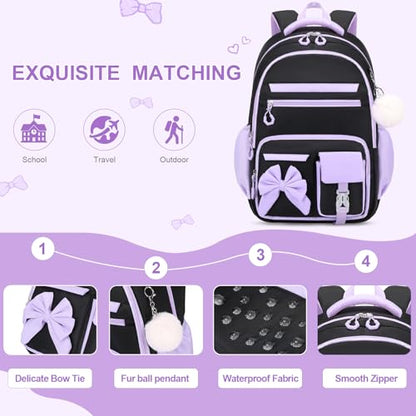 DIGOBAY Backpack for Girls, 3PCS Girls Backpack for School with Lunch Bag Pencil Case, Cute Kids Teens Bookbag for Kindergarten Elementary Preschool Middle School (Black-Purple) - color: Black-purple