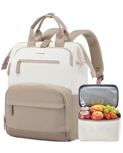 LOVEVOOK Lunch Backpack for Women, 15.6 Inch Laptop Bag with Insulated Cooler Lunch Box, Work Backpack for Teacher Nurse, Travel Backpack Lunch Bag for Camping Picnic Daily Use - color: Beige-khaki, size: 15.6 Inch
