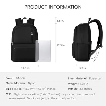 BAGOK Lightweight Nylon Backpack for Women & Men – Foldable, Large Capacity, Ideal for School, Travel & Work - color: Black