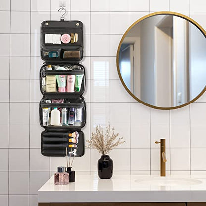 Elviros Hanging Toiletry Bag Removable Travel Bag PU leather Makeup Cosmetic Organizer Kit, Black - color: Black