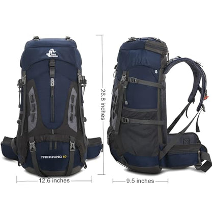 Bseash 60L Hiking Camping Backpack with Rain Cover, Waterproof Large Capacity Outdoor Sport Travel Daypack Climbing Touring (Navy Blue) - color: Navy Blue