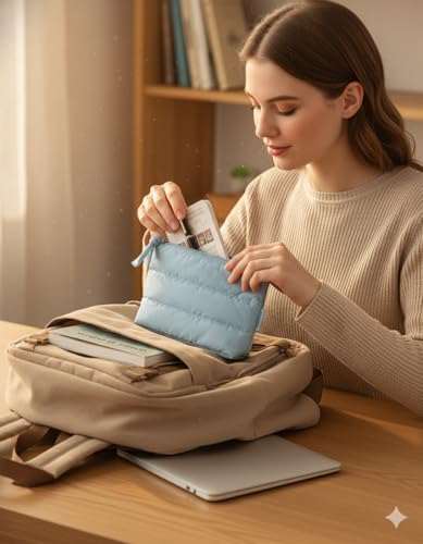 BAGSMART Small Puffy Water-Resist Makeup Bag for Women | Cloud-like shell with tactile, lightweight, squishy finish; playful puffy zipper pull - color: Airy Blue, size: Small