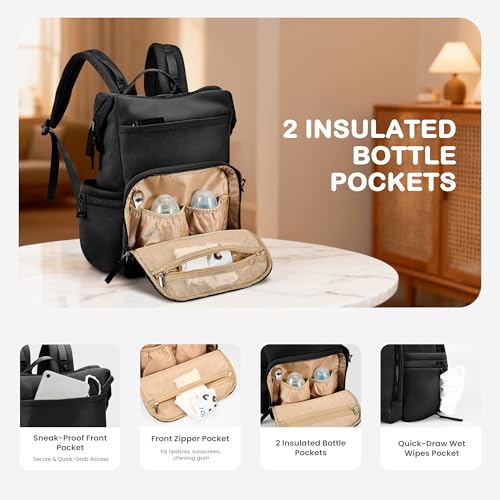VONAL Neoprene Diaper Bag Backpack with Changing Pad, 33L Large Capacity Neoprene Backpack Baby Diaper Bag with Insulated Pockets, Travel Diaper Backpack Baby with 12 Pockets for Mom & Dad, Black - color: Dark Black