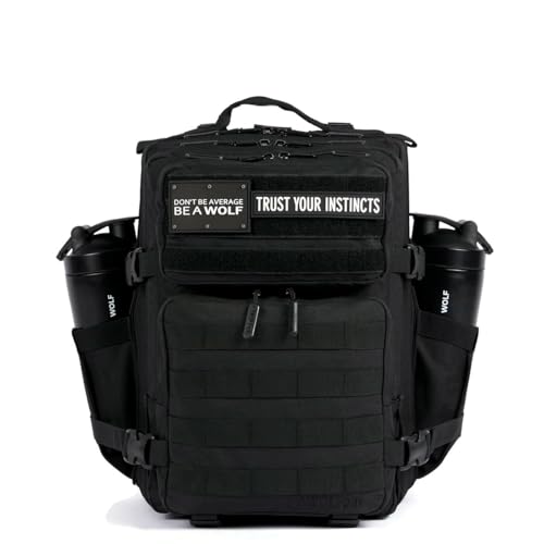 WOLFpak 25L Tactical Gym Backpack (Alpha Black) Durable 1000D Waterproof Oxford Material with MOLLE Webbing, Laptop Pocket & Dual Cup Holders - color: Alpha Black