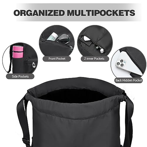 BAVELOE Drawstring Backpack with Wet Pocket Gym Backpack Water-Resistant Cinch String Bag Beach Swim for Women Men - color: Pure Black