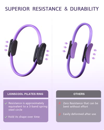 LIONSCOOL Pilates Ring Set – 14" Anti-Deformation Magic Circle with Padded Handles, Mini Ball, Resistance Bands, Guide & Bag - color: Purple