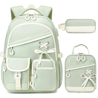 DIGOBAY Backpacks for Girls - 3PCS Girls Backpack with Lunch Box & Pencil Pouch School Backpacks for Elementary Middle High College School Bookbag for Teen Girl Kids Students Green - color: Green