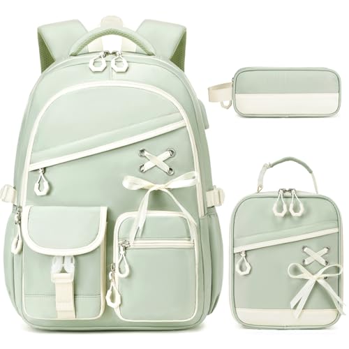 DIGOBAY Backpacks for Girls - 3PCS Girls Backpack with Lunch Box & Pencil Pouch School Backpacks for Elementary Middle High College School Bookbag for Teen Girl Kids Students Green - color: Green