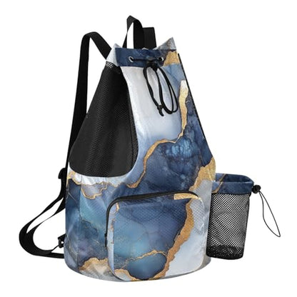 Hiking Drawstring Backpack Gym Swim Bag With Water Bottle Pocket Cinch Back Sack Dry Wet Separation Marble White Navy Blue - color: Color 13