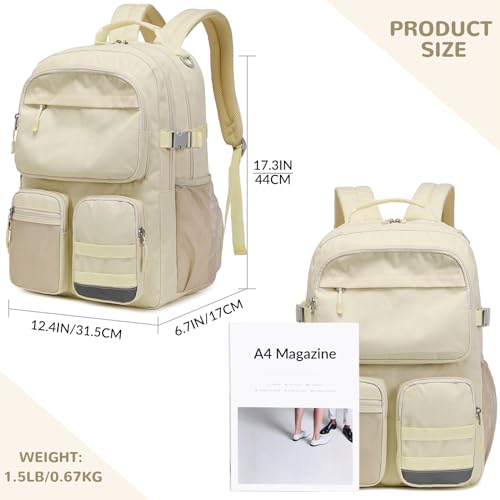 Big Student Backpack for Teen Girls Boys, Water Resistant Multi Pockets Daypack with 15.6 Inch Laptop pocket for Travel School College (Beige) - color: Beige