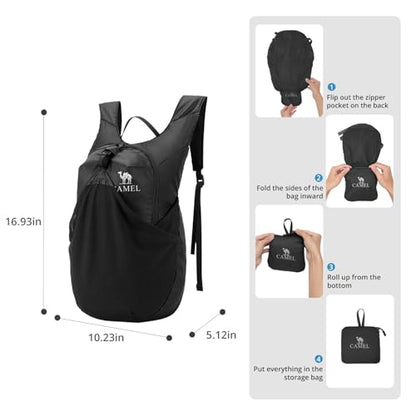 CAMEL CROWN Foldable Hiking Backpack Lightweight Travel Backpack Waterproof Small packable backpack Men's and Women's Black-15L - color: Black-15l