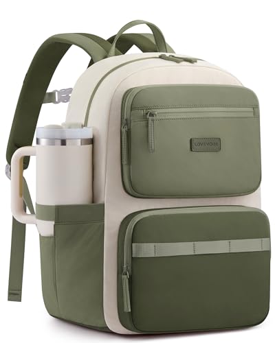 LOVEVOOK Laptop Backpack for Women, School Backpack for Teen Girls with Large Cup Holder, Lightweight Bookbag for College,Work,Travel fits 15.6 Inch Laptop,Green - color: Beige-green-a, size: 15.6 Inch