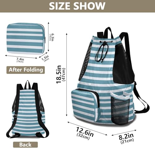 JUNZAN Teal Green Striped Drawstring Backpack Sport Gym Sackpack With Water Bottle Pocket Athletic Cinch Sack Wet and Dry Separation