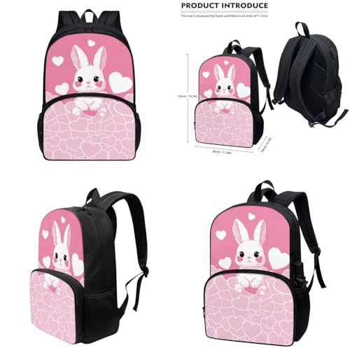 Cute Bunny Backpack for Girls Kids Backpack with Lunch Box Water Bottle Bag and Fabric Pencil Pouch 4Pcs Set 17" Bookbag with Large Front Pocket for School Lightweight Elementary School Bag - color: Cute Bunny and Pink Heart