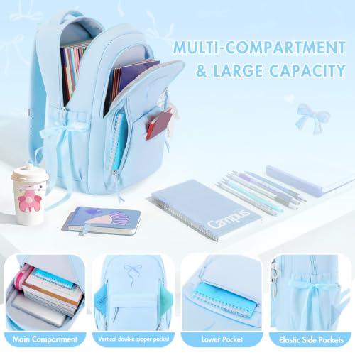 Kids Backpack for Girls - 3PCS Cute Embroidered Bow Girls Backpack with Insulated Lunch Bag & Pencil Case - Bookbag for Teen Women Middle High School College Work Travel Daypack - color: Blue