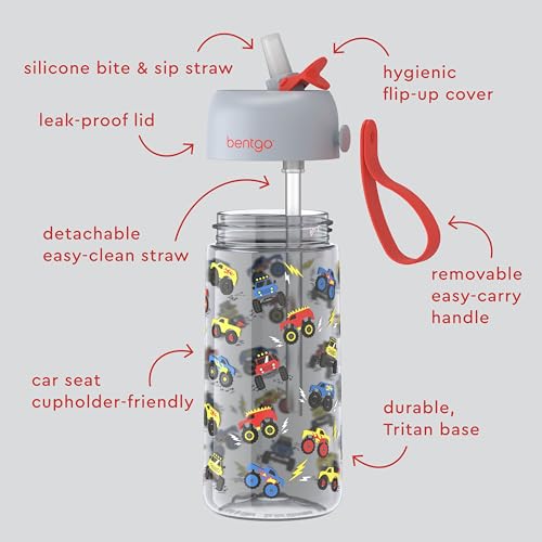 Bentgo Kids Water Bottle - Leak-Proof, Durable Tritan PFAS- & BPA-Free 15 fl oz, Kids/Toddlers Ages 3+ for School & Sports; Bite & Sip Spout, Carrying Handle, Dishwasher Safe (Trucks) - color: Trucks
