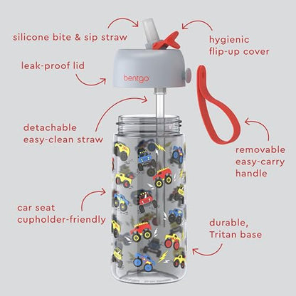 Bentgo Kids Water Bottle - Leak-Proof, Durable Tritan PFAS- & BPA-Free 15 fl oz, Kids/Toddlers Ages 3+ for School & Sports; Bite & Sip Spout, Carrying Handle, Dishwasher Safe (Trucks) - color: Trucks