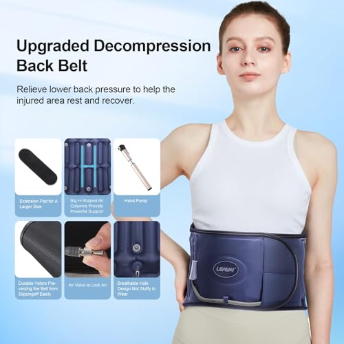 Decompression Back Belt,Inflated Compression Back Brace with Hand Pump and Extension Pad,Lumbar Support Belt for Men & Women Lower Back Pain Relief, Back Decompression Devices Fits Waist Size 29-49 Inches (Blue)