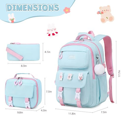 DIGOBAY 3PCS Girls Backpack for School, Large Kids Backpack for Girls with Lunch Box Pencil Case Set for Teen Girl Elementary Primary Middle High College School Bookbag with Cute Pins Aquamarine-Pink - color: Aquamarine-pink