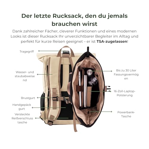 8000Kicks Everyday Hemp Backpack - Lightweight and Weatherproof Backpack for Work and Travel with Anti-theft pocket and Spacious Interior (Beige) - color: Beige and Green