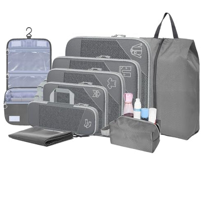 9-Set Packing Cubes with Hanging Bag | 9-Size Combination, Mesh Fabric & Reflective Stripe | Travel Luggage Organizers (Grey) - color: Grey