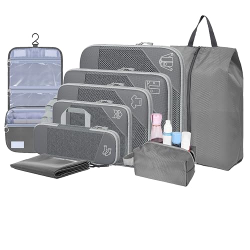 9-Set Packing Cubes with Hanging Bag | 9-Size Combination, Mesh Fabric & Reflective Stripe | Travel Luggage Organizers (Grey) - color: Grey
