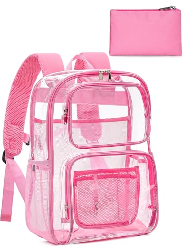 Clear Backpack Heavy Duty for Women Men Boys Girls, Large Clear Bookbag See Through Backpack for School College - color: 7#pink+pouch-no Reflective Strips