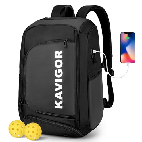 KAVIGOR Pickleball Bag, Large Pickleball Backpack Holds 4 to 6 Paddles, Shoes Compartment & Wet/Dry Pocket (9 Pockets), Charge Port - color: Black
