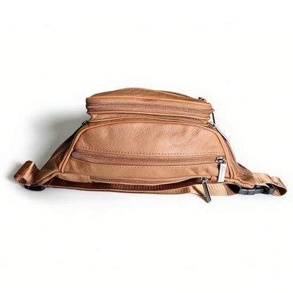 large 6 Pockets Leather Fanny Pack Travel Waist packs Waist Pack Suitable for Outdoor Mountaineering Travel Camping Cycling Running etc Fanny packs (Light brown) - color: Light brown 2025 model