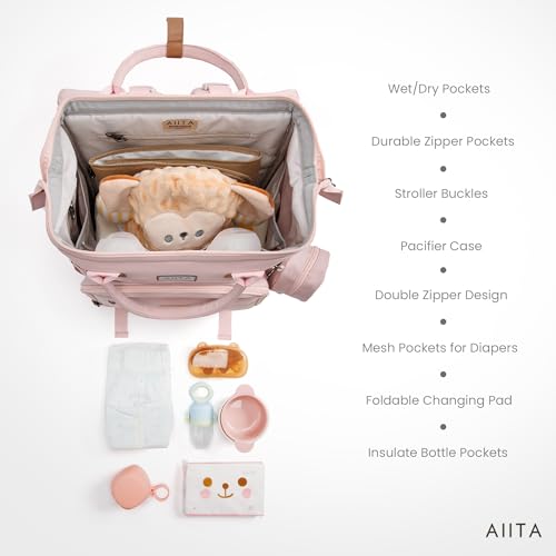 Diaper Bag Backpack, Multifunction Diaper Bag with Changing Pad, Baby Diaper Bags for Boys Girls, Stylish Large Capacity Travel Backpack for Moms Dads, Baby Shower Gifts,Unisex – Pink - color: Light Pink
