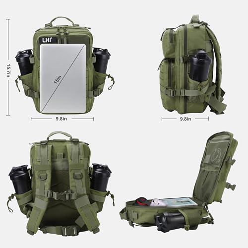 LHI Tactical Military Backpack for Men 25L/45L Large Molle Army Assault Pack 3 Day Hiking Rucksack With Bottle Holder - color: Green With Bottle Holder, size: 25L