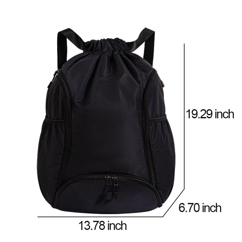 Drawstring Backpack Gym Bag with Front Zipper Pocket & Side Compartments, Adjustable Shoulder Straps for Commute Gym Travel, Daily Essentials Fitness Gear Organizer, Black