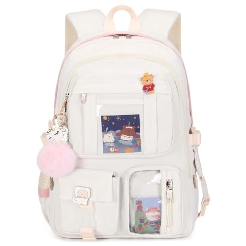 Backpack for Girls with Accessories Laptop Bookbags 16 Inch Kawaii Kids Elementary Middle High School Bag College Travel Daypack Gifts for Teens Women Students (Off-white) - color: Off-white