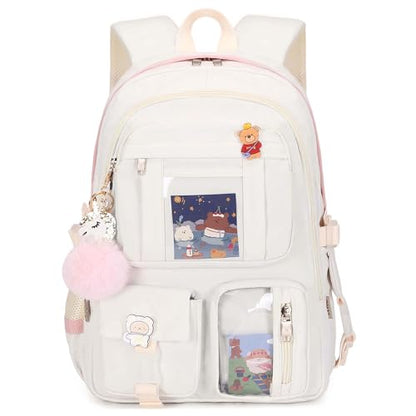 Backpack for Girls with Accessories Laptop Bookbags 16 Inch Kawaii Kids Elementary Middle High School Bag College Travel Daypack Gifts for Teens Women Students (Off-white) - color: Off-white