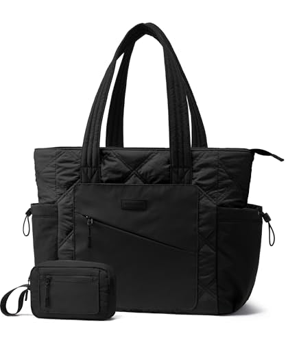 LOVEVOOK Tote Bag for Women, puffer tote bag for Work Travel Nurse, Lightweight quilted Bags with Compartments - color: L-17.3 Inch-black