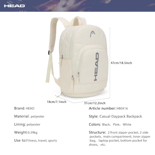 HEAD Gym Tennis Backpack for Women with Shoes Pocket Fits 15.6 inch Laptop - color: Beige With Bottom Pocket