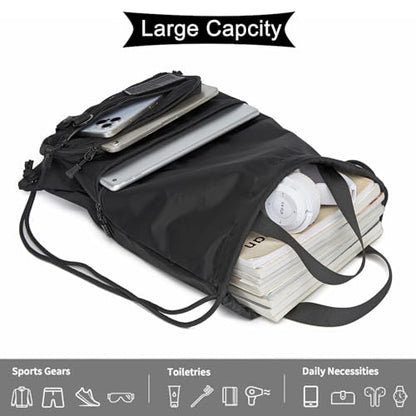 seyfocnia Drawstring Backpack Tactical String Bag with Zipper Pockets Waterproof Cinch Bag Sport Gym Sackpack - Black - color: Black, style: Leisure