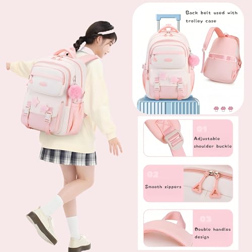 Girls Backpack for School Kids, Pink Kids School Bag for Teen Girls, with Star Pins and Furry Pendant, A08-Pink - color: A08-pink