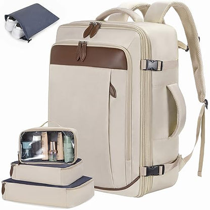 LOVEVOOK Carry on Backpack, 45L Large Travel Backpack for Women Men Airline Approved, Expandable Large Suitcase Backpacks With 4 Packing Cubes, Aer Travel Pack 3, Water Resistant Weekender Bag - color: Apricot, size: X-Large