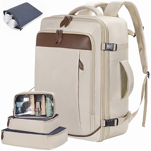 LOVEVOOK Carry on Backpack, 45L Large Travel Backpack for Women Men Airline Approved, Expandable Large Suitcase Backpacks With 4 Packing Cubes, Aer Travel Pack 3, Water Resistant Weekender Bag - color: Apricot, size: X-Large