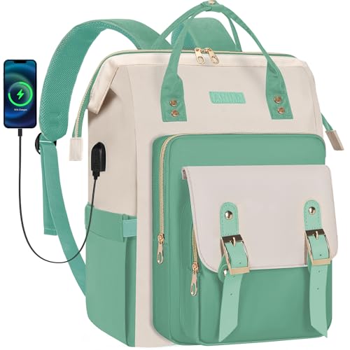 ANILD Travel Laptop Backpack for Women Bag, 15.6 Inch Work Backpack with USB Charging and Port Luggage Strap, Airline Approved Business Work Bag for Nurse College Teacher - color: Beige-light Green