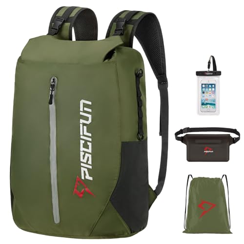 Piscifun Dry Bag Waterproof, Lightweight Dry Backpack Roll-Top Sealed with Waist Pouch and Phone Case Keeps Gear Dry Inside for Kayaking, Boating - color: Army Green, size: 30L