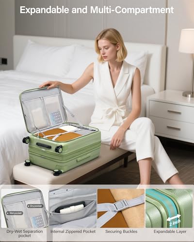 Hanke 24 Inch Expandable Luggage Top Opening Checked Bag Luggage Hard Shell Suitcases with Wheels Lightweight Travel Luggage Medium Suitcase with Lock for Woman Men-Bamboo Green - color: Bamboo Green, size: 24 Inch Expandable