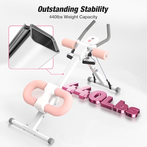 WARMOUNTS Ab Machine, Ab Workout Equipment, Adjustable Core & Ab Trainer Machine with Resistance Bands for Home Gym, Foldable, Knee Protection, Abdominal Exercise Equipment for Stomach Workout (Pink)