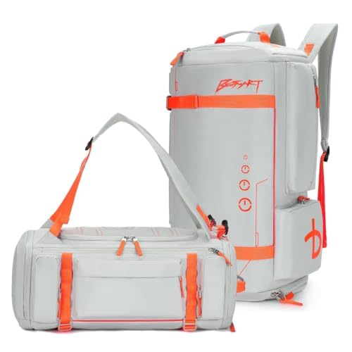 BE SMART 2 in 1 Convertible Gym Duffel Bags with Shoes Compartment - 40L Waterproof Extra Large Workout Backpack for Gym Men, Heavy Duty Sports Duffle Backpacks for Travel, Hiking, Camping, Carry On - color: Grey/Bright Orange, size: Large-40L