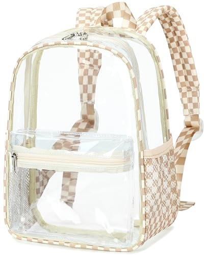 BTOOP Clear Mini Backpack for Stadium Events 12x12x6 Small Transparent Backpacks Plastic See Through Clear Bag for Concerts Work Festival Security Travel - color: B-brown White Check, size: 12'' H-Mini