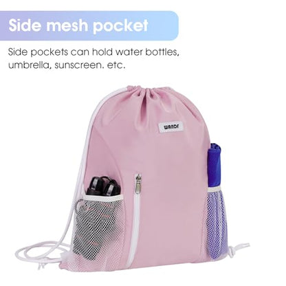 WANDF Drawstring Backpack Sports Gym Sackpack with Mesh Pockets Water Resistant String Bag for Women Men(Pink) - color: Pink